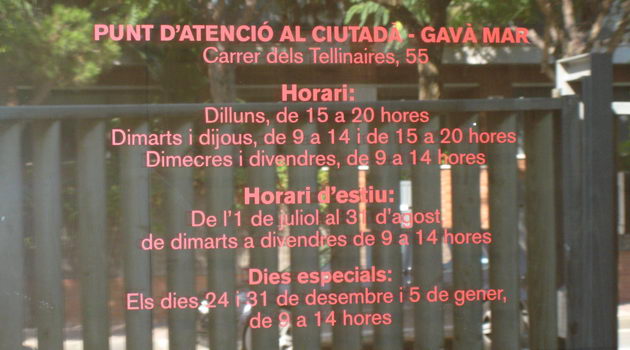 Horarios del Punto de Atención al Ciudadano del Ayuntamiento de Gavà situado en el Centro Cívico de Gavà Mar